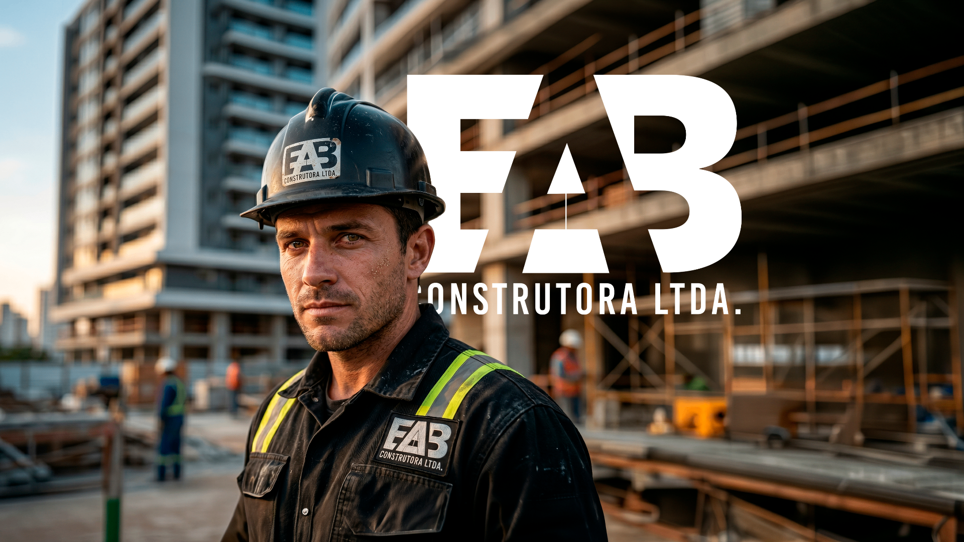 Obra industrial EAB Construtora ao entardecer